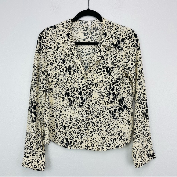 Zara Cream & Black Leopard Print Button Down collar Causal Loose Fit Blouse - Picture 2 of 6